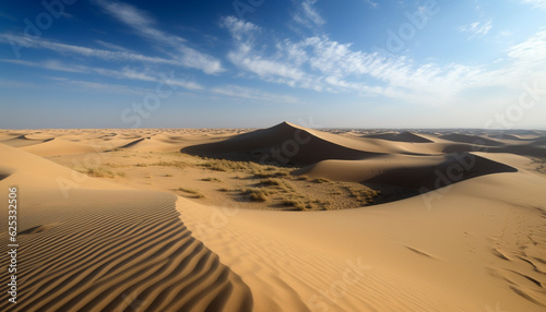 Tranquil striped sand dunes majestically ripple in arid Africa generated by AI