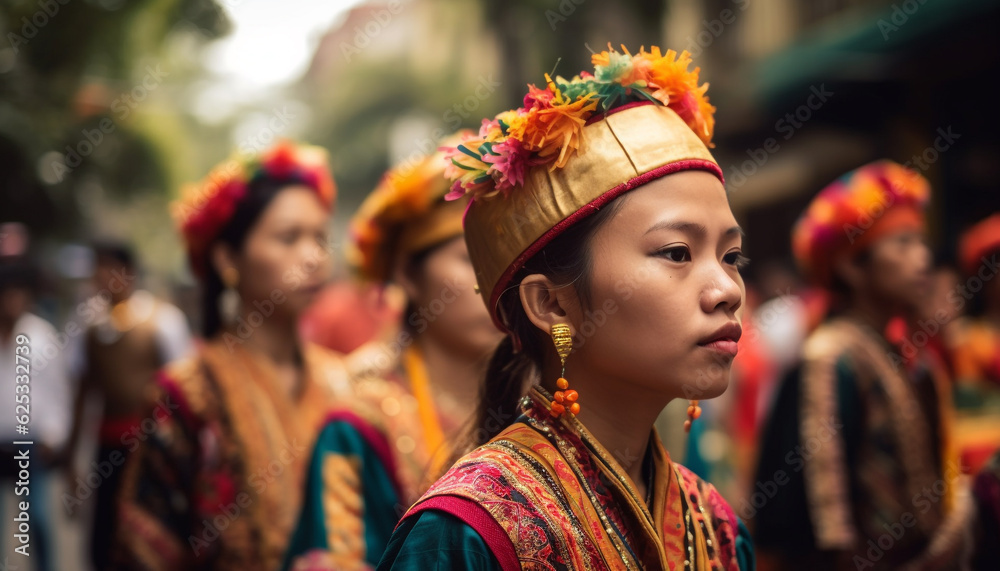 Colorful parade celebrates traditional clothing and spirituality in rural Asia generated by AI