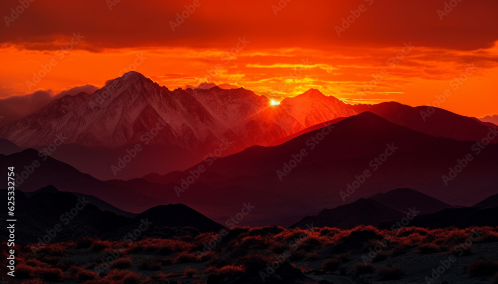 Majestic mountain peak silhouettes against orange sunset, a tranquil scene generated by AI