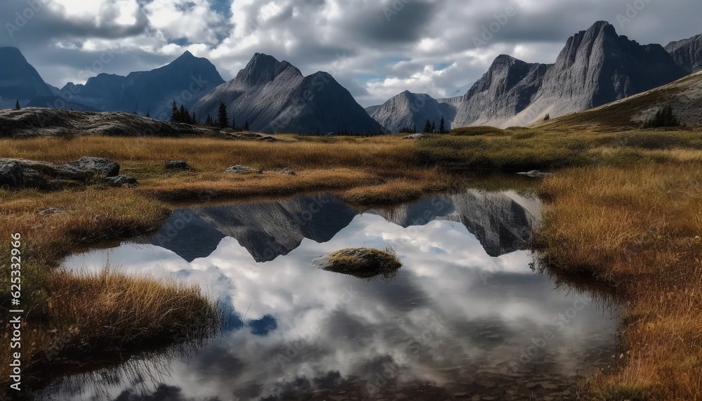 Majestic mountain range reflects tranquil scene of idyllic wilderness area generated by AI