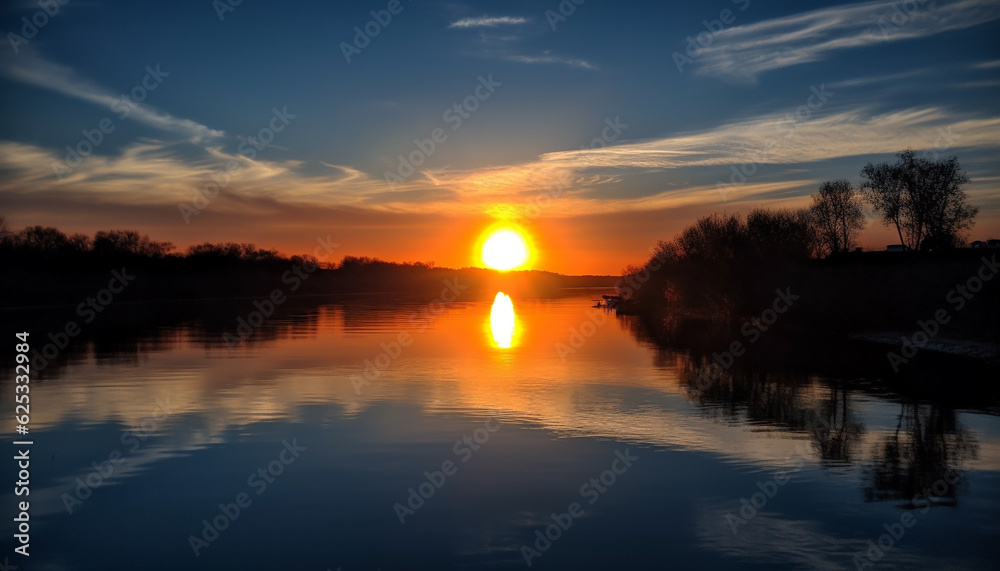 Obraz premium Tranquil sunset over nature horizon, reflecting vibrant beauty generated by AI