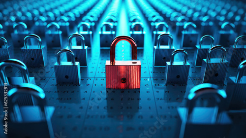 Red Padlock Unlocked Among Blue Ones, Cybersecurity Breach 
