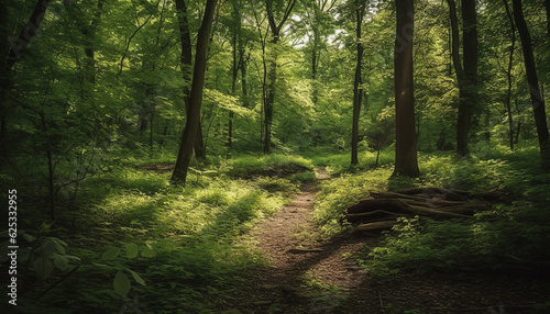 Tranquil forest footpath leads to vanishing point in nature beauty generated by AI © djvstock
