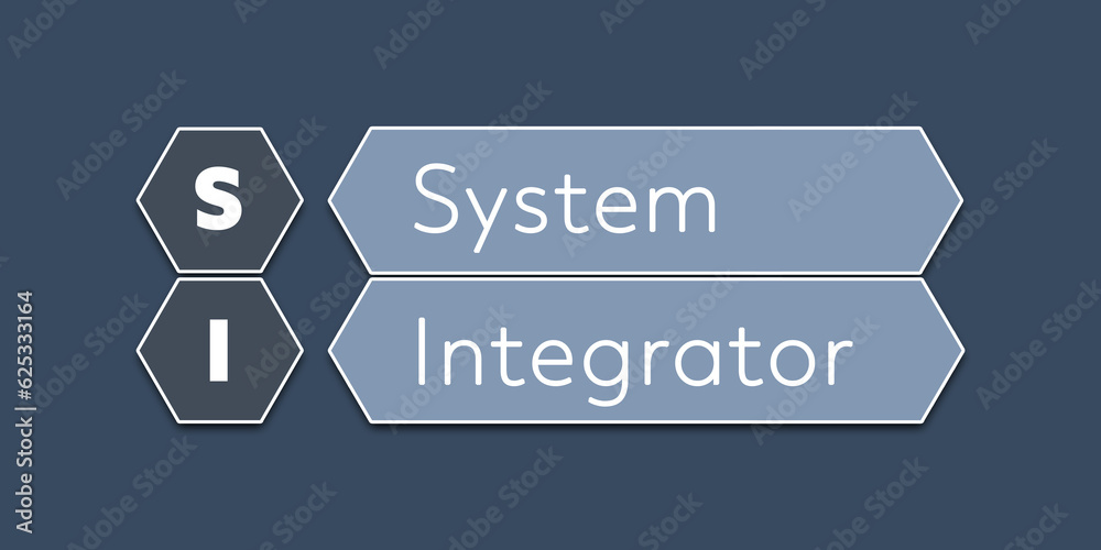 SI System Integrator. An Acronym Abbrevation of a term from the software industry. Illustration isolated on blue background. SI System Integrator. An Acronym Abbrevation of a term from the software industry. Illustration isolated on blue background.