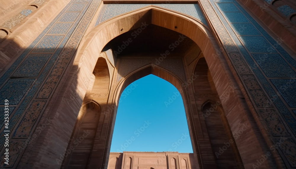 Majestic architecture of old monument with minaret, symbolizing spirituality generated by AI