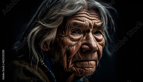 Older adults in traditional clothing, staring solemnly at the camera generated by AI © djvstock