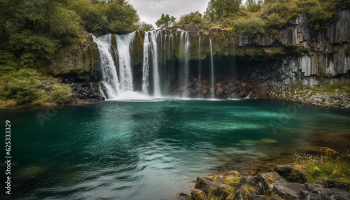 Tranquil scene of majestic waterfall in tropical rainforest paradise generated by AI