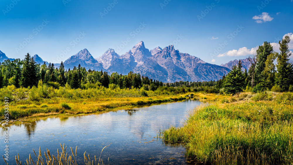 Landscape Photo of the view of the Grand Tetons from Schwabacher Landing in Grand Teton National Park, Wyoming, USA