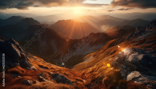 Tranquil sunrise illuminates majestic mountain range in serene nature landscape generated by AI