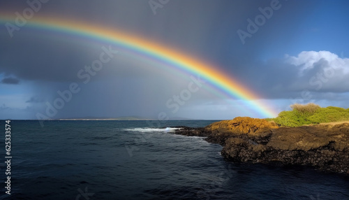 Vibrant rainbow colors reflect on wet cliff in majestic landscape generated by AI