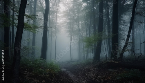 Spooky fog veils the mysterious autumn forest in surreal beauty generated by AI © djvstock