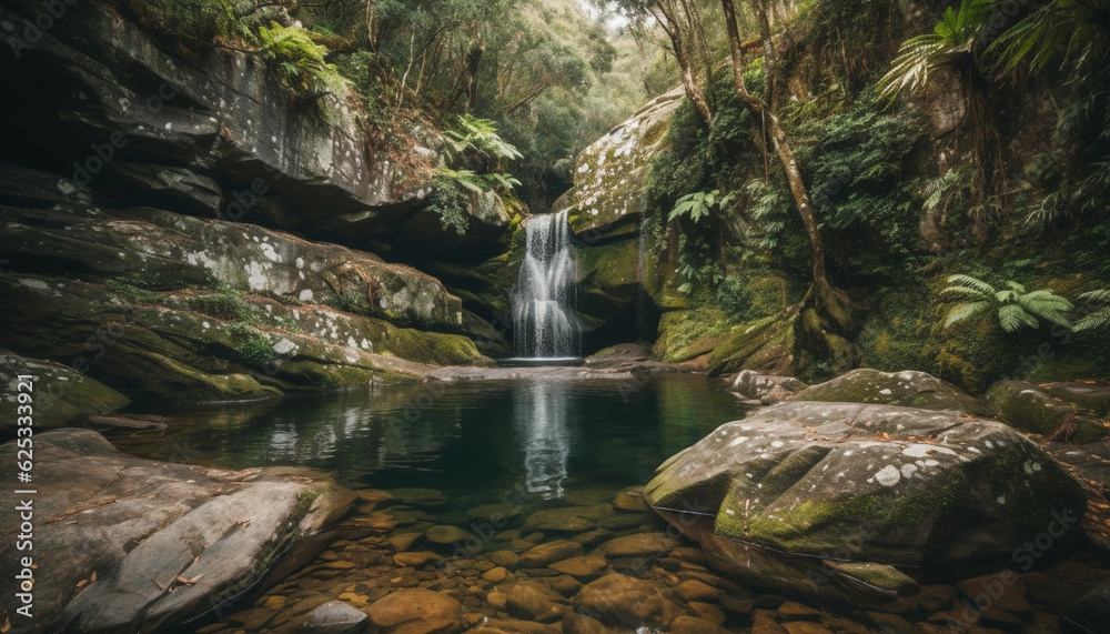 Fototapeta premium Tranquil scene of flowing water in tropical rainforest paradise generated by AI
