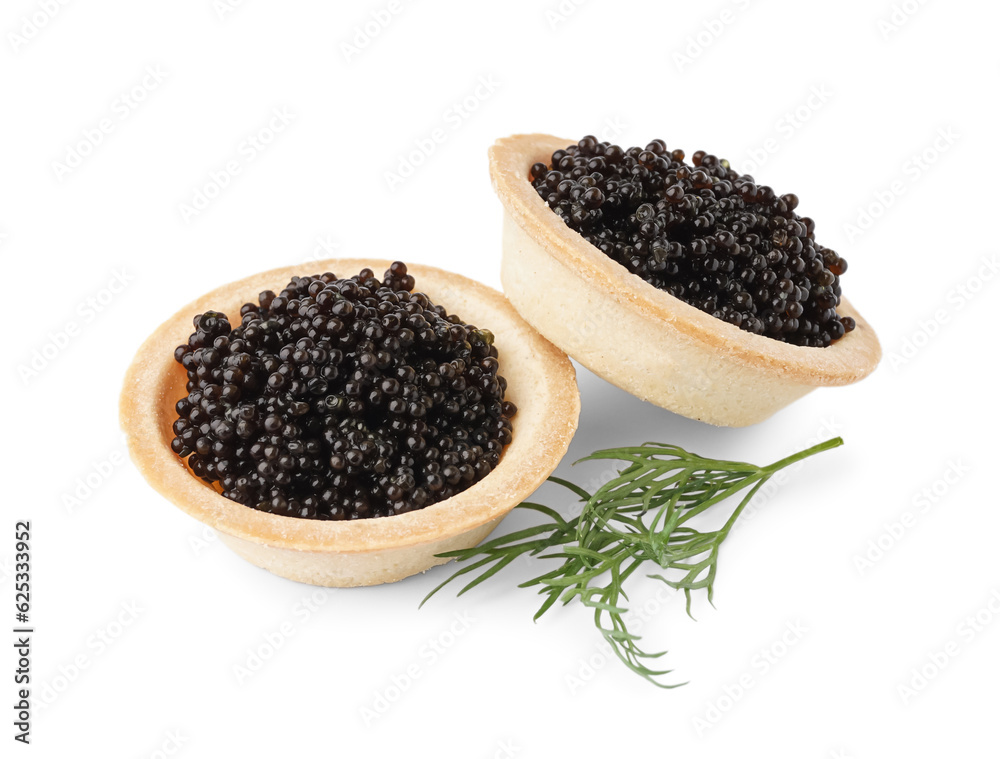 Tasty tartlets with black caviar on white background Tasty tartlets with black caviar on white background