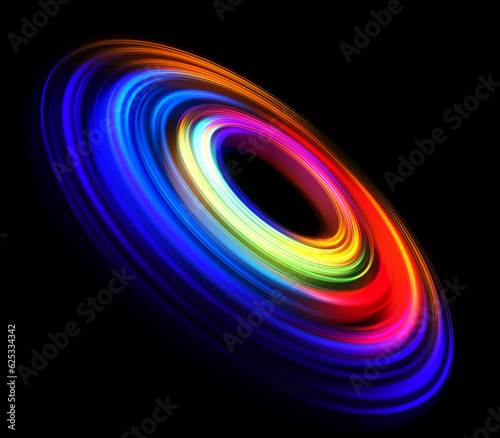 Colorful Abstract 3D Rendered Light Streak Ring Over Black Background