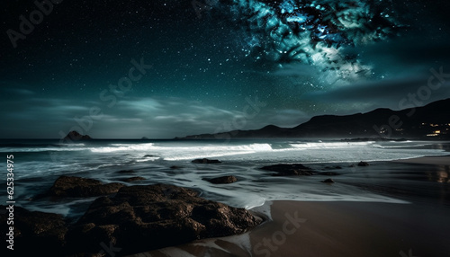 Tranquil night landscape: Milky Way illuminates starry galaxy over water generated by AI © djvstock
