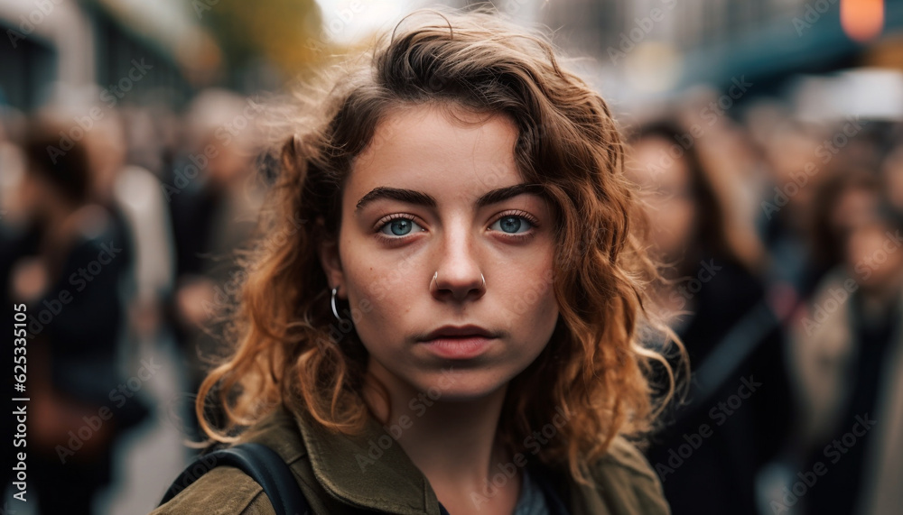 Young adult woman, outdoors in the city, looking at camera generated by AI Young adult woman, outdoors in the city, looking at camera generated by AI