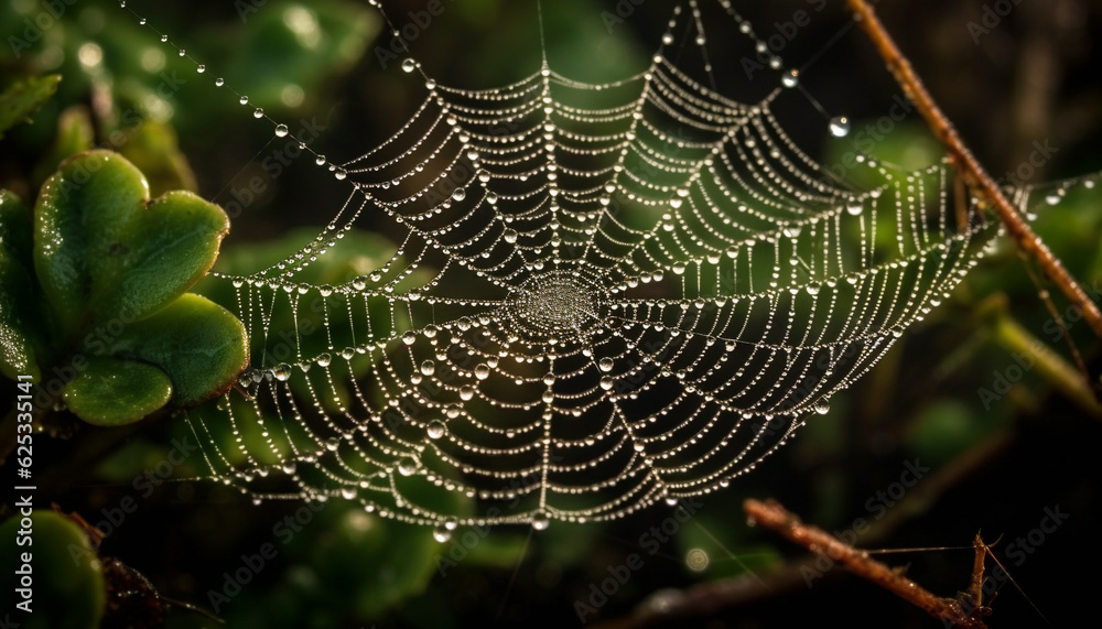 Spider spins dewy web on green leaf in nature beauty generated by AI Spider spins dewy web on green leaf in nature beauty generated by AI