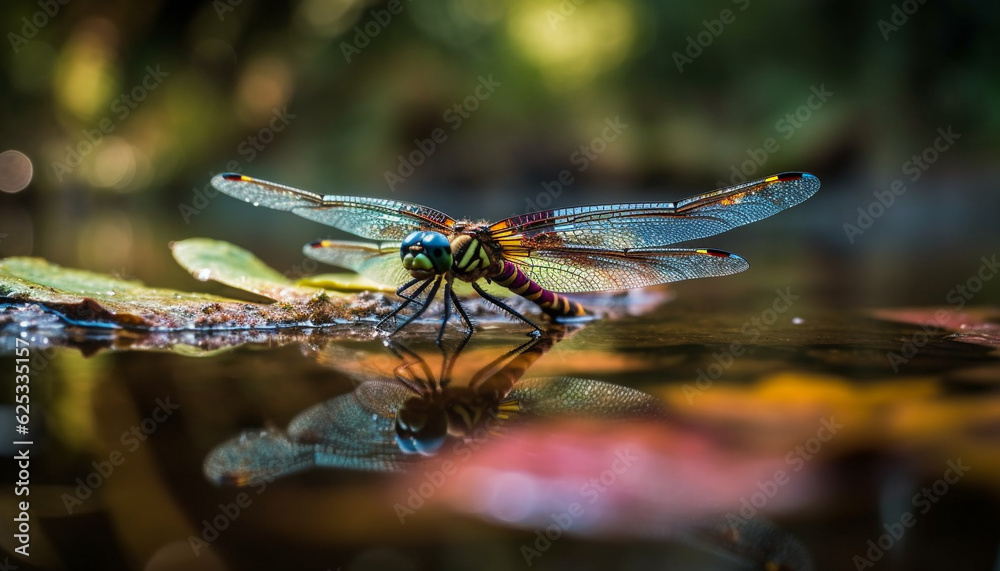 Vibrant dragonfly rests on leaf, reflecting natural beauty outdoors generated by AI