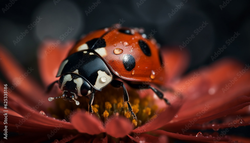 Spotted ladybug crawls on wet leaf in fresh spring rain generated by AI Spotted ladybug crawls on wet leaf in fresh spring rain generated by AI