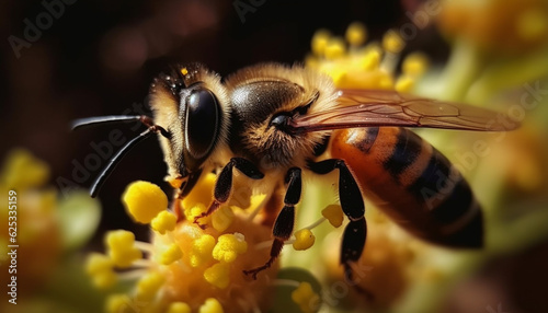 Busy honey bee collecting pollen from a yellow flower outdoors generated by AI © djvstock
