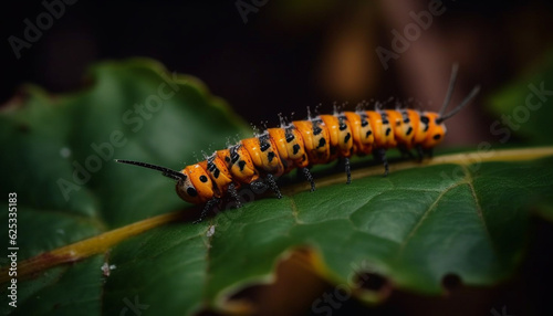 Multi colored caterpillar crawls on green leaf in nature beauty generated by AI © djvstock