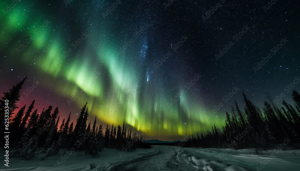 Star trail illuminates majestic mountain range in vibrant polar climate generated by AI