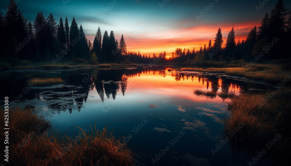 Tranquil scene of a forest at dusk, reflecting in water generated by AI