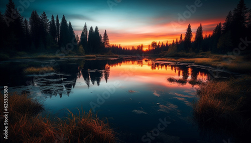Tranquil scene of a forest at dusk, reflecting in water generated by AI