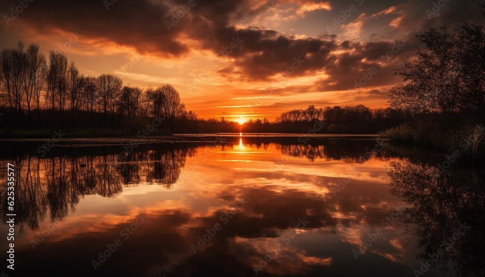 Tranquil sunset reflection on pond, nature beauty in vibrant colors generated by AI