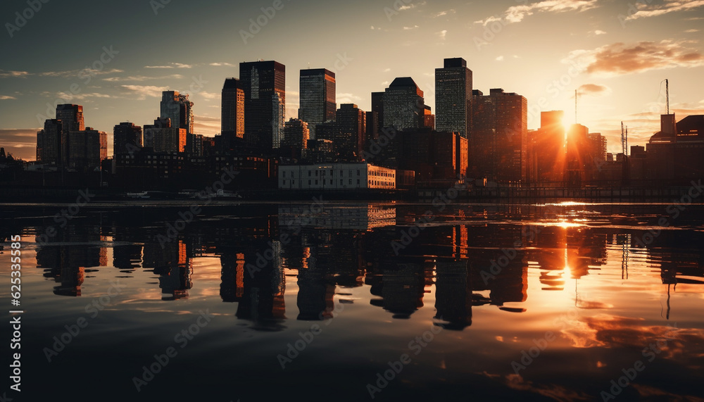 Tranquil cityscape reflects sunset over skyscrapers in long exposure shot generated by AI