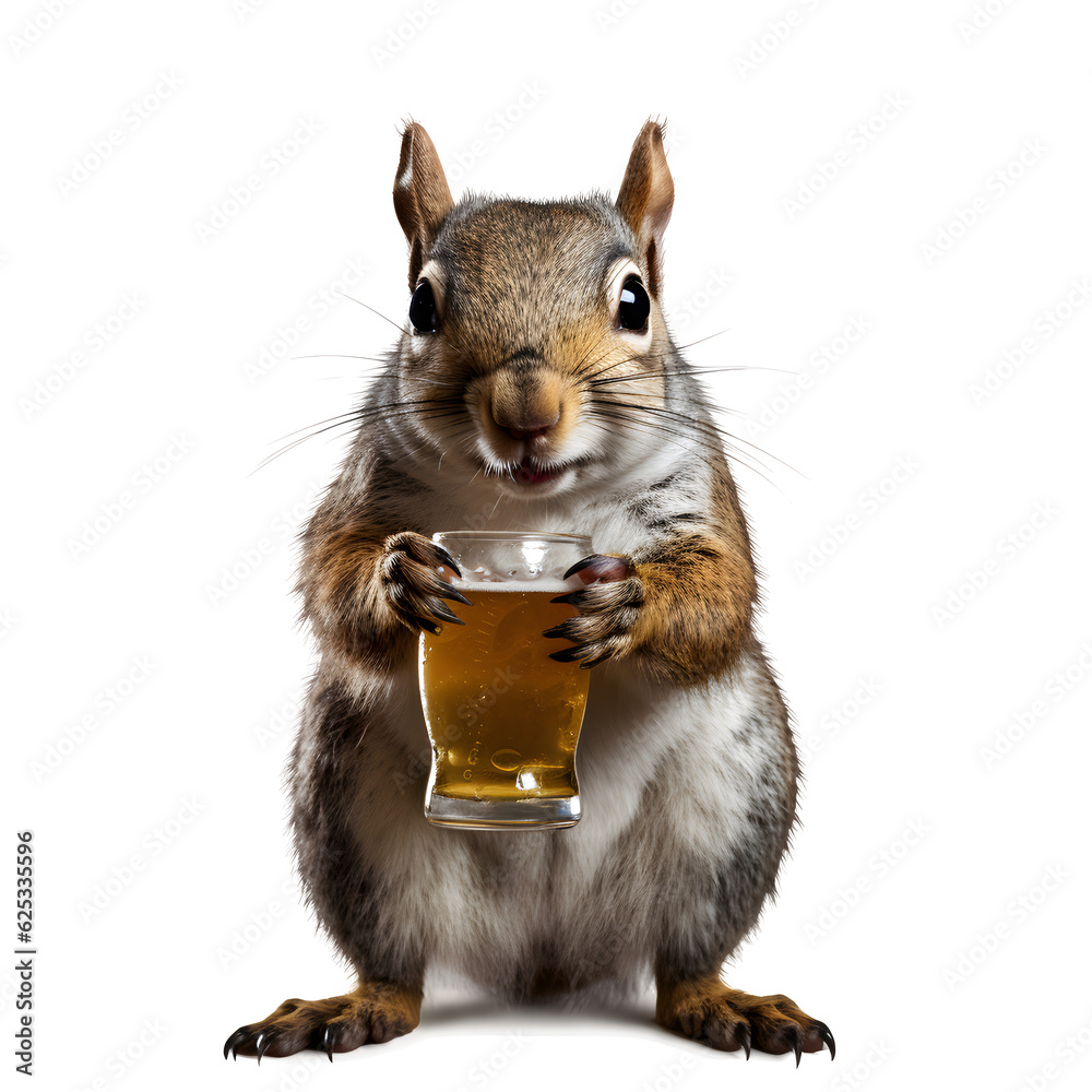 Fototapeta premium Eastern grey squirrel hold a glass beer, transparent background