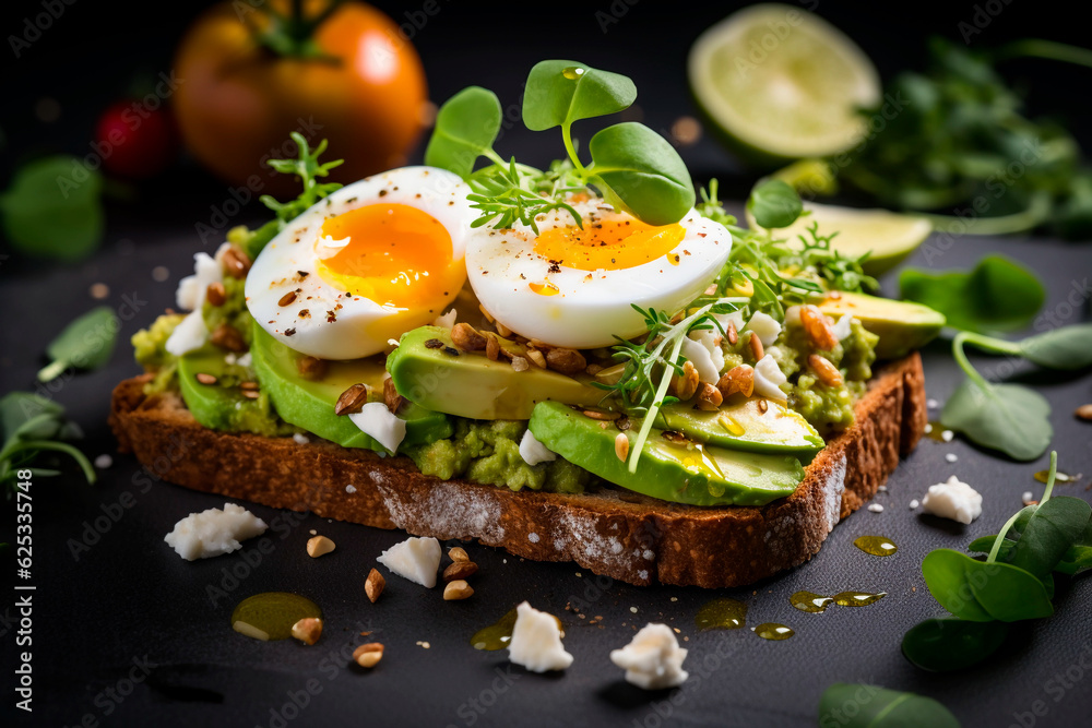 Avocado Toast with boiled egg. Generative AI Avocado Toast with boiled egg. Generative AI