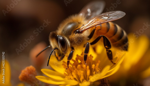 The busy honey bee picks up pollen from single flower generated by AI