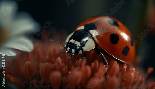 Beauty in nature: Ladybug on green leaf, crawling in springtime generated by AI © djvstock