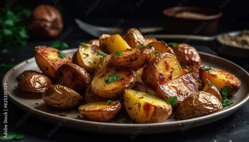 Grilled meat and vegetables on rustic wooden plate for lunch generated by AI Grilled meat and vegetables on rustic wooden plate for lunch generated by AI