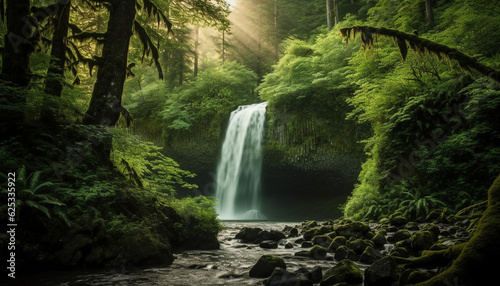 Tranquil scene of flowing water in lush tropical rainforest landscape generated by AI