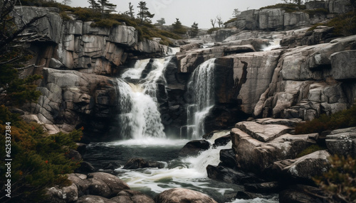 Tranquil scene of a waterfall flowing over rocky cliff in forest generated by AI