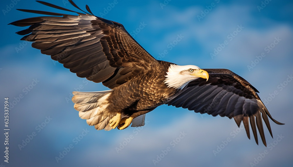 Fototapeta premium Majestic bald eagle spreads wings mid air, talons ready to hunt generated by AI