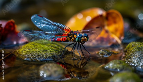 Vibrant butterfly wing reflects natural beauty in tranquil pond scene generated by AI © djvstock