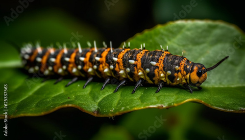 Small caterpillar on green leaf transforms into beautiful butterfly outdoors generated by AI © djvstock