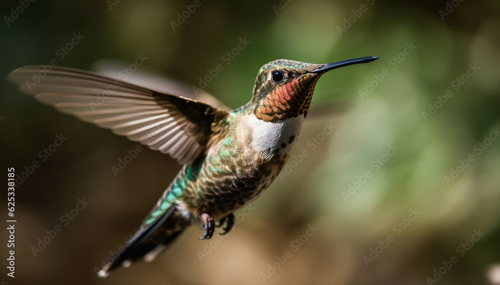 Obraz premium Hovering hummingbird spreads iridescent wings, pollinating vibrant flowers outdoors generated by AI