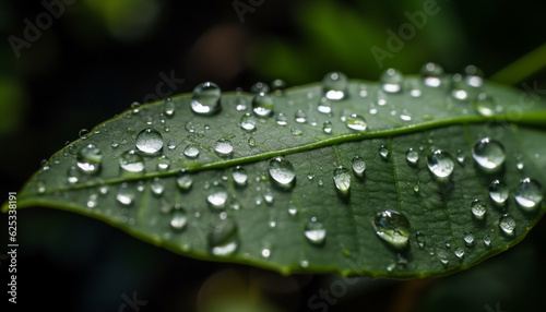 Fresh green drops of nature beauty on a wet leaf generated by AI