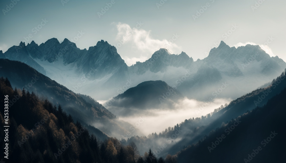 Majestic mountain range, tranquil meadow, and mysterious pine trees generated by AI