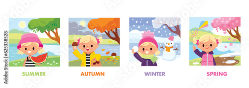 Four pictures with seasons of the year. Girl spares time outside. Landscape with tree and river. Summer, autumn, winter, spring.