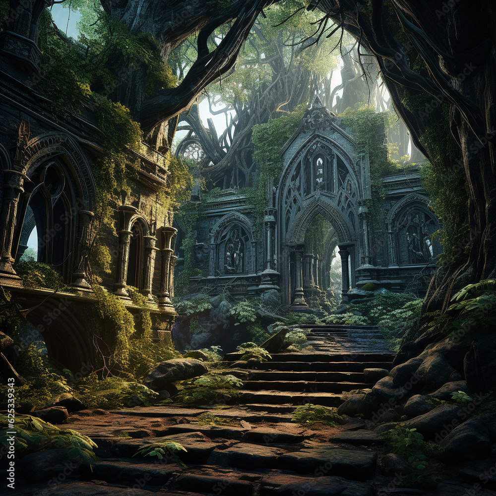Ancient ruins in the dense forest. High quality illustration