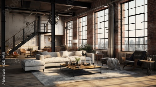 living room loft industrial style 3d