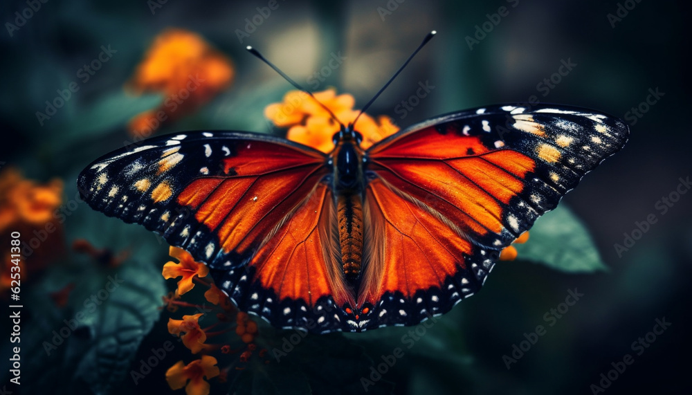 Fototapeta premium Vibrant monarch butterfly displays multi colored wings amidst natural beauty generated by AI