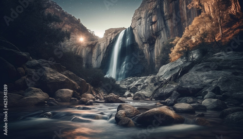 Majestic mountain range, tranquil ravine, flowing water, blurred motion adventure generated by AI © djvstock