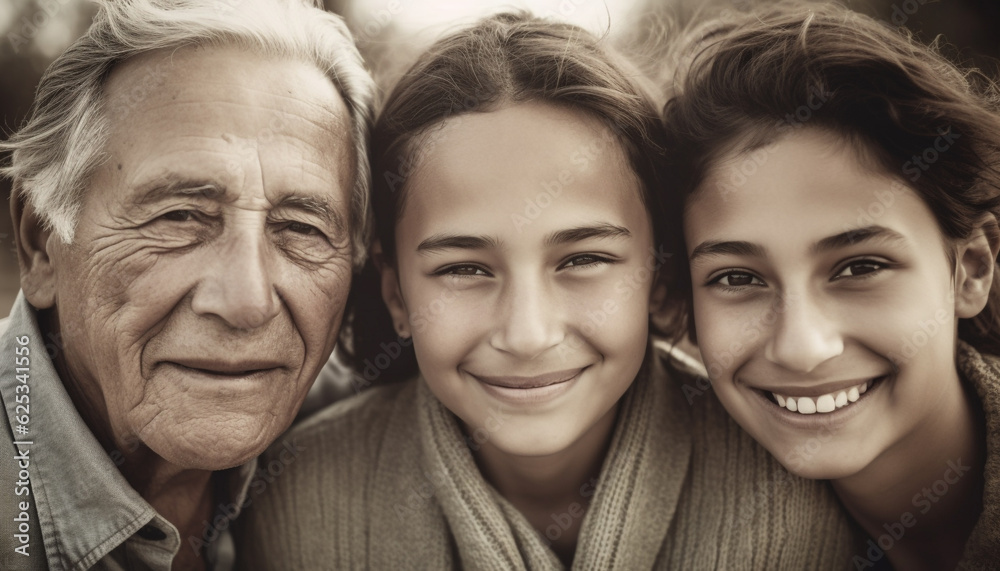 Multi generation family embracing outdoors, smiling and laughing with love generated by AI Multi generation family embracing outdoors, smiling and laughing with love generated by AI