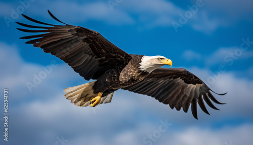 Majestic bald eagle spreads wings in mid air, soaring with freedom generated by AI